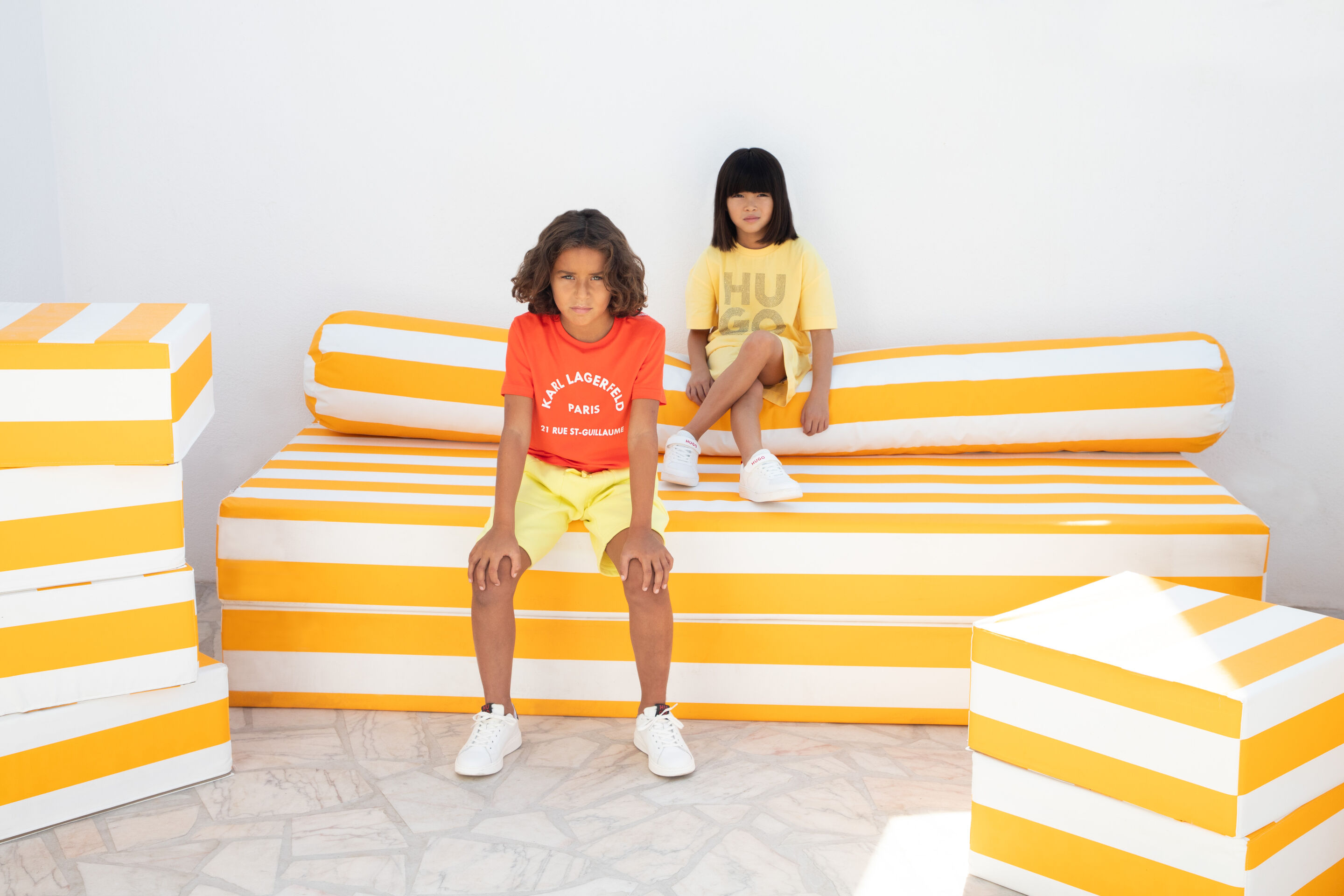 Kids look for girls and boys by HUGO & Karl Lagerfeld: stylish yellow and orange outfits, premium and luxury fashion at Kidsaround