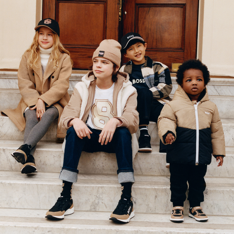 BOSS Boys Beige Black Logo Trainers