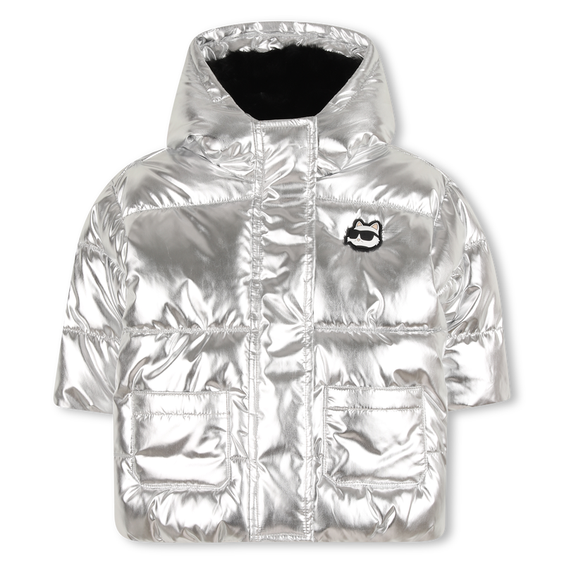 Silver hooded down jacket KARL LAGERFELD KIDS 
                    GIRL